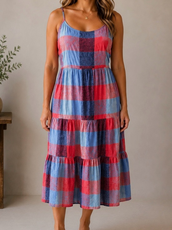 beachlunchlounge Dresses & Skirts - BeachLunchLounge Plaid Linen Cotton Tiered Midi Dress Size XXL Boho